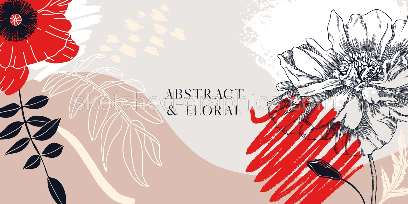 Collage style poppy vector illustration. Hand-sketched summer floral banner. Trendy design with botanical, geometric shapes, and abstract elements. For print, poster, card, social media, wall art. Illustration
